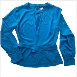 Venus Cobalt Blue Long Sleeve Keyhole Tie Waist Long Blouse, 8